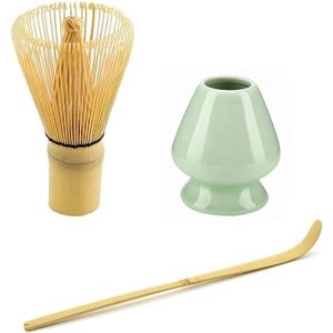 Matcha thee set compleet - Matcha Klopper - Matcha bamboe maatschep - Matcha Chasen Houder Groen - Japanse Theeceremonie - Bamboe Matcha Whisk - Set van 3