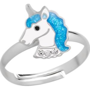 Ring kinderen | Eenhoorn ring | Zilveren ring, eenhoornhoofd met blauwe glittermanen