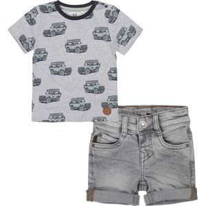 Koko Noko - Kledingset - Jongens - 2delig - Broek Short Grey Jeans - Shirt Grijs met landrovers - Maat 86