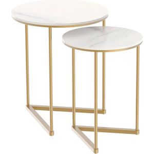 Instinct® Moderne Ronde Marmeren Bijzettafel met Metalen Basis - Set van 2 - Nestende Accent Tafels in Marmer en Goud