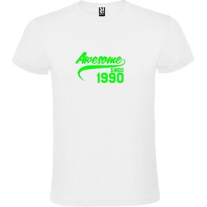 Wit T-Shirt met “Awesome sinds 1990 “ Afbeelding Neon Groen Size M