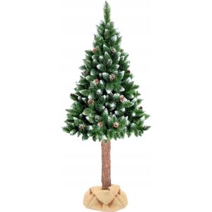 Kunstkerstboom - 180 cm - met houten stam - sneeuw en dennenappels