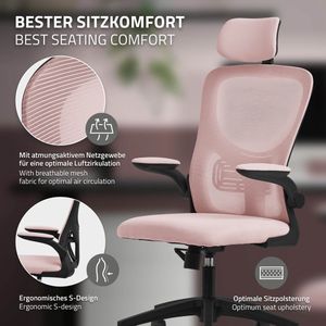 Ergonomische bureaustoel roze netstof met verstelbare hoofdsteun en wielen ML design