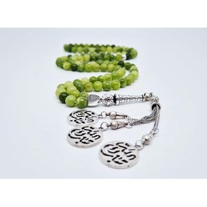 Handgemaakte tesbih ""Tasbih"" natuursteen ""Kraal Koreaanse jade"" - Aantal kralen 99 - Diameter kralen 8MM - met metaal tassel ""Tabarak Allah"" - Een mooi cadeau-idee