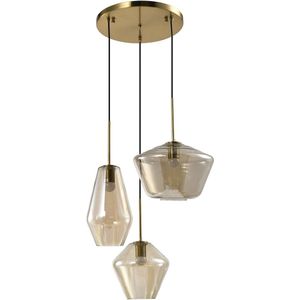 QUVIO Hanglamp - 3-lichts - Hanglampen Eetkamer - Woonkamer - Slaapkamer - Industrieel - Glazen Hanglamp - Organische Vormen - Gouden Accenten - Bruin Glas - Design Hanglamp - Metaal - Sfeerverlichting - Stijlvolle Verlichting - Bruin