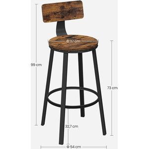 Hoppa! barkruk, set van 2, barstoelen, keukenstoelen met stevig metalen frame, zithoogte 73 cm, eenvoudige montage, industrieel design, vintage bruin-zwart