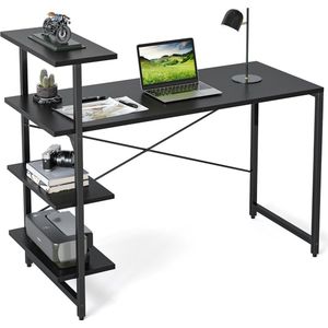 Kleine bureau met plank, 120 x 60 cm, 3-laagse plank, computerbureau, PC gamingtafel, eenvoudig te installeren bureau, stevig stalen frame bureaus, zwart.