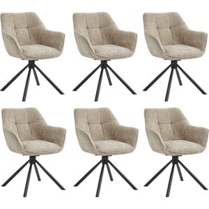 Colenis® - Boston Eetkamerstoel - Set van 6 - Taupe - Chenille Stof - Gestoffeerde zitting - Metalen poten - 180° - Draaistoel