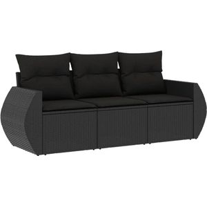 vidaXL Loungeset 3-delig - Zwart - Inclusief kussens Tuinstoel - Lounge Set - Tuinset - Buitendecoratie - Poly Ratan - Zwarte Tuinstoelen - Outdoor Furniture - Loungebank