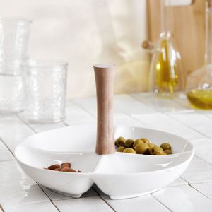 HOMLA Mooka Bowls Serveerschalen met Houten Handvat Moderne Stijl Servies Tafeldecoratie Dessertbord Dessertopberger - Glanzend Wit 25 cm