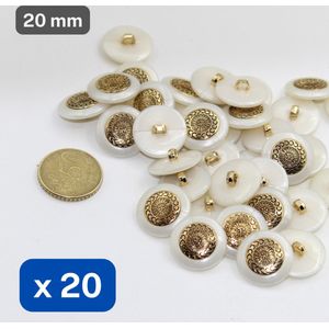 20 Stuks Gemetaliseerde NYLON KNOPEN, Maat 20MM, Op Voetje, Kleur WIT/OUDGOUD