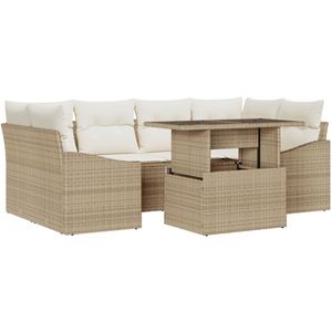 vidaXL - 7 - Delige - Tuin - Sofa - Set - met - Kussens - Beige - Poly - Rattan