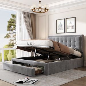 KOMHTOM Tweepersoonsbed Bed met laden volwassenenbed 140x200 cm gestoffeerd bed lattenbodem grote opbergruimte grijs