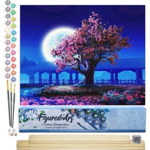 Figured'Art Schilderen op Nummer Volwassenen canvas Boom en grote maan - Handwerk acrylverf Kit DIY Compleet - 40x50cm met DIY houten lijst
