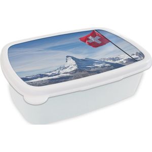 Broodtrommel Wit - Lunchbox - Brooddoos - Zwitserse Vlag bij Matterhorn in Zwitserland - 18x12x6 cm - Volwassenen