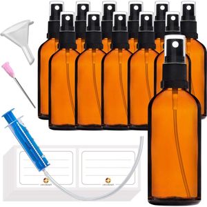 Verstuiver Glazen Fles 100ml - Set van 12 stuks - Amber Bruin Glas - Zwarte Spray Fles - Inclusief 29 Accessoires