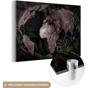 MuchoWow® Glasschilderij 180x120 cm - Schilderij acrylglas - Wereldkaart - Paars - Goud - Foto op glas - Schilderijen