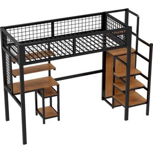 Merax Hoogslaper 90x200 cm met Bureau en Opbergruimte - Metalen Eenpersoonsbed met Ladder - Kinderbed met Kast - Zwart