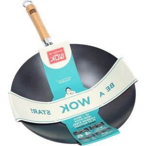 12""/30cm Heavy Duty Non-Stick Wok Platte Bodem Bamboe Handvat - Grote Maat - Duurzaam RVS