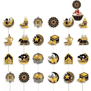 Trankielo - Eid Mubarak Cupcake Toppers - Gouden Glitter Ster Maan - Feestdecoratie voor Ramadan - Set van 12stuks
