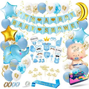 Fissaly 81 Stuks Babyshower Jongen & Gender Reveal Versiering – Baby Boy – Mommy to Be Party Decoratie Pakket