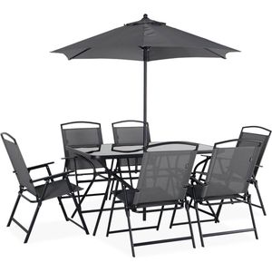 sweeek - Tuintafel met 6 stoelen en 1 parasol, antraciet