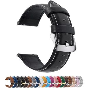 Horlogebandje van leer met roestvrijstalen sluiting, voor heren en dames, zwart, 20mm