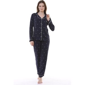 Katoen-Satijn Dames Pyjamaset Donkerblauw met Sterretjes Maat S
