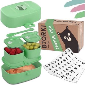 Bento Box voor kinderen, inclusief gratis naamstickers, lekvrije lunchbox met vakken, duurzame broodtrommel voor kinderen voor kleuterschool en school, de snackbox voor onderweg, pastelgroen