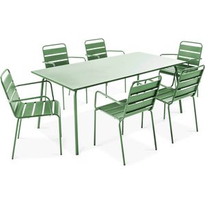 Oviala - Tuinset met tafel en 6 fauteuils in cactusgroen metaal - Palavas