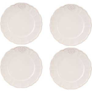 HAES DECO - Ontbijtborden set van 4 - Formaat Ø 21x2 cm - kleuren Beige - Bedrukt Keramiek - Collectie: HHeart - Servies, kleine borden