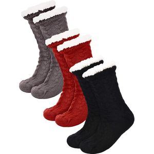 JAXY Huissokken - Huissokken Dames en Heren - Verwarmde sokken - Anti Slip Sokken - Fleece Sokken - Dikke Sokken - Fluffy Sokken - Slofsokken - Warme Sokken - Bedsokken - Gevoerde Sokken - Winter Sokken - 3 Paar - Zwart, Grijs en Rood