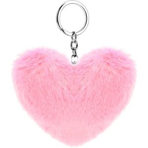 Fluffy Love Heart Pom Sleutelhanger Tassen Koffer Rugzakken Accessoires Autosleutel Ring voor Vrouwen Meisjes, roze, 9.2cm x 10cm