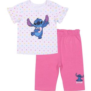 Disney Stitch - Wit en roze katoenen babyset met stippen, t-shirt en korte broek / 86