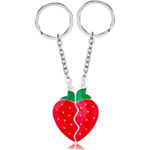 Bixorp Friends Hartje met Aardbei BFF Sleutelhanger voor 2 - Rood/Zilver - Magnetische Sleutel hanger Vriendschap Cadeau