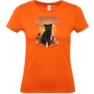 Dames T-shirt Hocus Pocus met kat | Halloween Kostuum Volwassenen | Horror Shirt | Gothic Shirt | Oranje dames | maat S