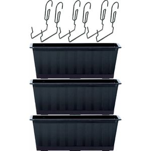 4x Kunststof Agro plantenbakken/bloembakken antraciet grijs 9 liter met ophangbeugels - Balkonbakken