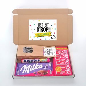 Het zit d'rop- bedankt"" brievenbuspakket - bedankt collega - einde stage - afscheid - nieuwe baan - Tony chocolonely - Milka chocolade - Mentos- zakje het zit d'rop - cadeau