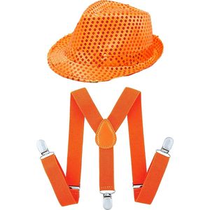 Toppers - Koningsdag/Sport verkleed set compleet - hoedje en bretels - oranje - heren/dames - verkleedkleding - supporters