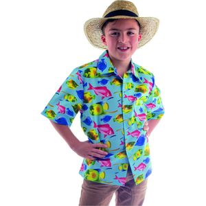 Funny Fashion - Hawaii & Carribean & Tropisch Kostuum - Als Een Vis In Het Water Hawaii Shirt Jongen - Blauw - Maat 164 - Carnavalskleding - Verkleedkleding