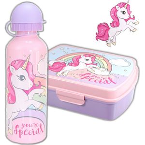 Broodtrommel + drinkfles Unicorn | Eenhoorn Lunchbox voor meisjes | Lichtroze LS03Ax