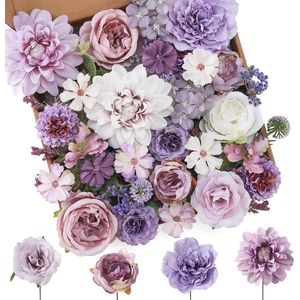 Kunstbloemen Paarse Zijden Bloemen Mix Dahlia Rozen met Stengels voor DIY Bruiloft Bruidsboeketten, Babyshower, Bloemstuk, Tafeldecoratie, Huisdecoratie.