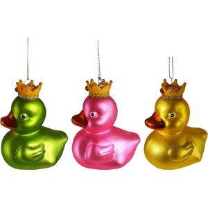 Viv! Christmas Kerstornament - Badeend met Kroon - set van 3 - glas - felle kleuren - 9cm