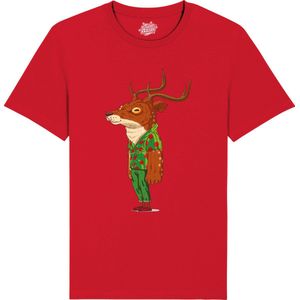 Kris het Kerst Hert - Foute Kersttrui Kerstcadeau - Dames / Heren / Unisex Kleding - Grappige Kerst Avond Outfit - Unisex T-Shirt - Rood - Maat 3XL