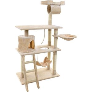Krabpaal & speelhuis - katten - beige - 140 cm hoog - met hangmat