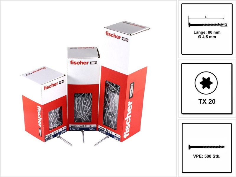Fischer Power-Fast II FPF II Spanplattenschraube 4,5x80 mm 500 Stück ( 670280 ) Senkkopf mit Torx Teilgewinde galvanisch verzinkt, blau passiviert