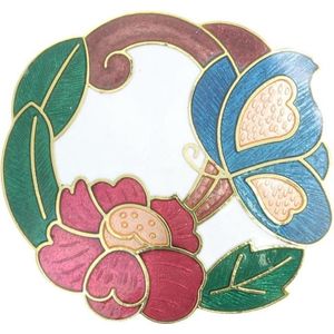 Behave® Broche rond bloemen vlinder wit rood blauw groen - emaille sierspeld -  sjaalspeld  4 cm