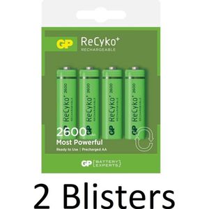 8 Stuks (2 Blisters a 4 st) GP ReCyco AA Oplaadbare Batterijen - 2600 mAh