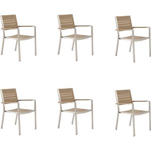 NATERIAAL - Set van 6 Tuinstoelen MENORCA met Armleuningen - 6 Tuinfauteuils - Stapelbaar - Geborsteld Aluminium - Terrasstoelen - Eetkamerstoelen - Polywood - Beige en Grijs