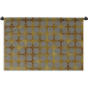 Wandkleed Luxe patroon - Luxe patroon van vierkanten met gouden details tegen een grijze achtergrond Wandkleed katoen 90x60 cm - Wandtapijt met foto